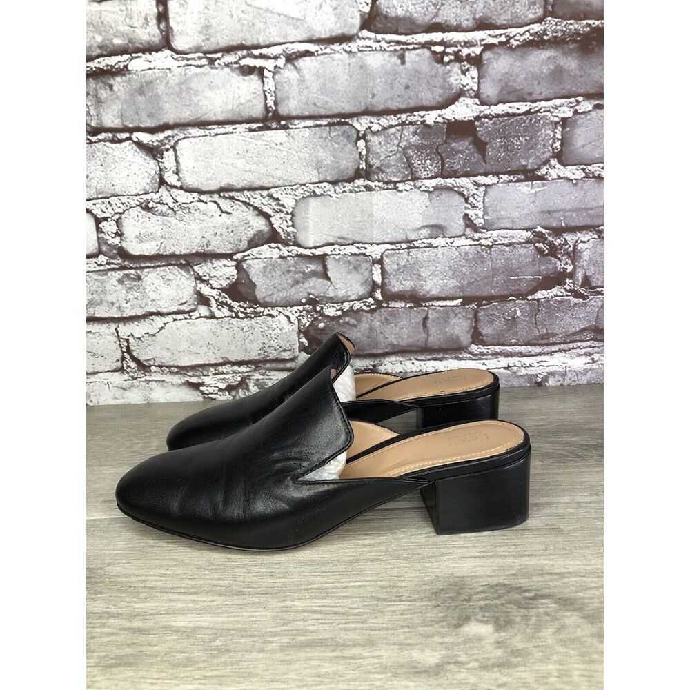 Lewit Black Leather Slip On Block Heel Mules Dress Shoes Women’s Sz 37.5EU/7M US